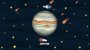Roketler Jüpiter 'in yörüngesinde yıldızların ve meteorların arasında neşeli, kozmik temalı renkli ve dinamik bir animasyonla dönüyor.
