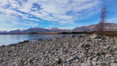İnsansız hava aracı görüntüleri Tekapo Gölü 'nün sakin kayalık kıyı şeridini ve çevreleyen dağları canlı bir gökyüzünün altında doğal güzellik ve sükuneti yansıtıyor.