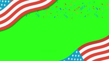 Amerikan bayrağı renkli konfetiyle canlı yeşil bir ekranın üzerinde dalgalanıyor. Pürüzsüz geçişler şenlikli ve vatansever bir atmosfer yaratır.