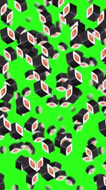 Suşi şelaleyi parlak yeşil bir zemine doğru yuvarlıyor, dinamik ve eğlenceli bir görsel deneyim yaratıyor.