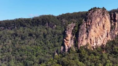 İnsansız hava aracı görüntüleri, açık mavi gökyüzünün altında yemyeşil okaliptüs ormanlarıyla çevrili Nimbin Kayaları 'nın görkemli volkanik bujilerini yakalar.