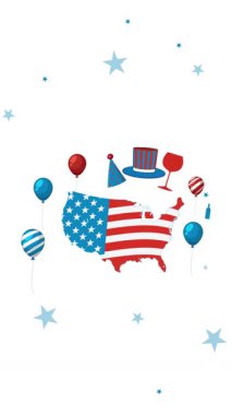 Amerikan haritası, balonları ve kırmızı, beyaz ve mavi havai fişeklerle vatansever animasyonlar. Dinamik geçişlerle kutlama havası