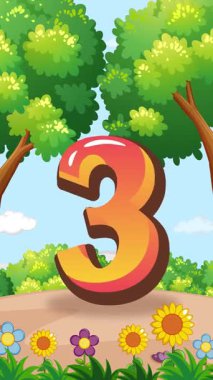 Çocuklar eğlenceli ve öğrenmeyi vurgulayan renkli, hareketli bir orman ortamında büyük bir üç numarayla neşeyle etkileşim halindedirler.