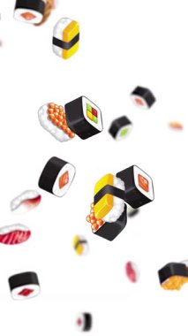 Suşi parçaları beyaz arka plana doğru çağlayarak canlı renkler ve yumuşak hareketlerle eğlenceli ve dinamik bir görsel deneyim yaratıyor.