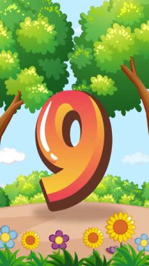 Çocuklar, ağaçlar ve çiçeklerle dolu canlı, hareketli bir açık hava ortamında büyük, renkli bir dokuz numara etrafında toplanırlar.