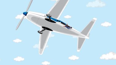 Bir paraşütçü uçaktan atlıyor, serbest düşüş yapıyor ve bulutlarla dolu parlak bir gökyüzüne paraşütle atlıyor.