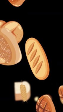 Ekmek somunları ve dilimler yavaşça siyah bir arka plana düşerek neşeli ve dinamik bir görsel deneyim yaratırlar.