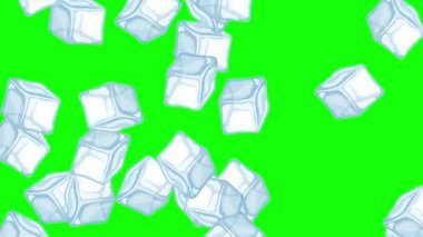 Buz küpleri canlı bir animasyonda parlak yeşil bir arka plana doğru yuvarlanarak neşeli ve canlandırıcı bir görsel deneyim yaratırlar.