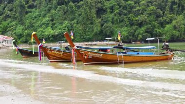Huzurlu bir Krabi plajına demir atmış tekneler.