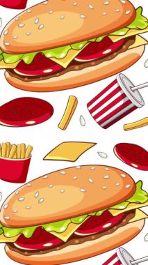 Fast food ürünlerinin hareketli arka planları ve pürüzsüz geçişleri ile canlandırılmış dizisi