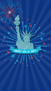Canlı havai fişekleri olan Özgürlük Anıtı ve şenlikli mavi arka planda yıldızlar.