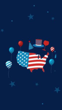 Havai fişekler, balonlar ve kırmızı, beyaz ve mavi vatansever sembollerle Bağımsızlık Günü 'nün animasyon kutlaması.