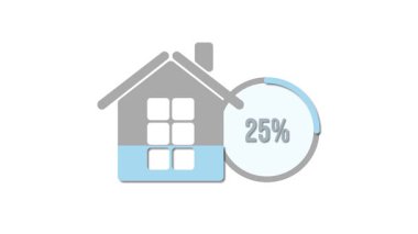 Artan yüzde değerlerine sahip bir ev simgesinin canlandırılması, büyümeyi gösteriyor. Beyaz arkaplanda mavi ve gri renkli basit tasarım