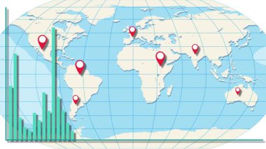 Ekonomik veri büyümesini gösteren çubuk grafikli animasyon dünya haritası, konum işaretleyicileri ve dinamik geçişler