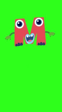 Bright animation featuring a lively letter M transforming alongside a cheerful monkey on a green background