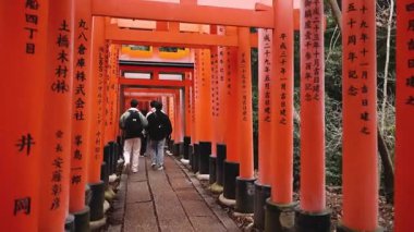 Geleneksel Japon Torii kapıları altında yürüyen insanlar