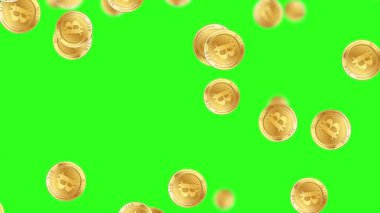 Bitcoin sikkelerinin canlanması canlı yeşil bir zemin üzerinde çağlayarak dinamik ve canlı bir görsel efekt yaratır.