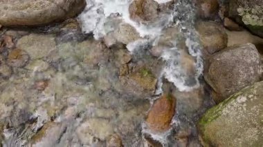 Bereketli yağmur ormanlarındaki kayaların üzerinden akan temiz bir derenin havadan görünüşü. Doğal ışıklandırma, canlı ve huzurlu çevreyi vurgular