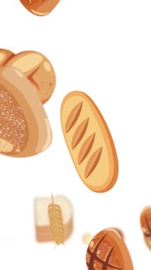 Çeşitli ekmek türleri ve buğday taneleri beyaz arka plana nazikçe düşerek neşeli ve neşeli bir animasyon yaratırlar.
