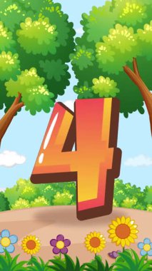 Canlandırılmış çocuklar, ağaçlar ve çiçeklerle canlı, renkli bir açık hava ortamında büyük bir dört numarayla etkileşim halindedirler.