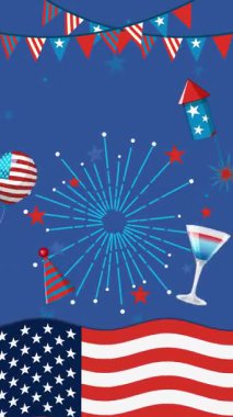 Havai fişeklerle, Amerikan bayraklarıyla ve Bağımsızlık Günü 'nü canlı ve renkli bir şekilde kutlayan neşeli unsurlarla dolu canlı bir animasyon.