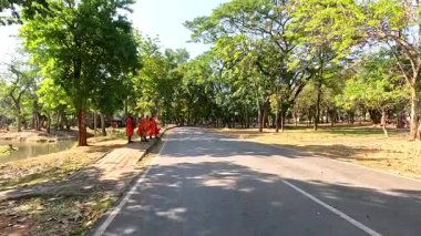 Monks strolling through a serene park setting