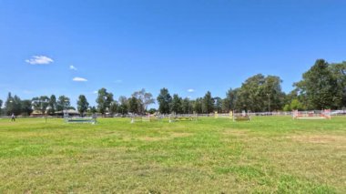 Horse and rider moving across open grassy field