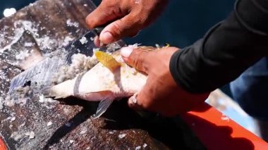 Tahtadaki balığa tırmanan eller.