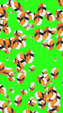 Suşi parçaları parlak yeşil bir zemin üzerinde çağlayarak tuhaf ve dinamik bir görsel deneyim yaratıyor.