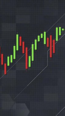 Finansal veri dinamiklerini vurgulayan, dikey hareket ve şebeke arkaplanına sahip pazar eğilimlerini gösteren şamdan şeması animasyonu
