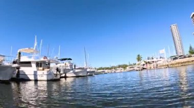 Yatlar güneşli bir limana yanaştı.