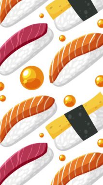 Sushi pieces animate over changing backgrounds, transitioning smoothly between white, black, and green hues
