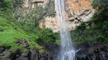 Şelale kayalık bir uçurumdan aşağı yuvarlanıyor.