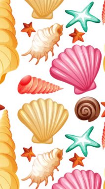 Renkli deniz kabuklarının kusursuz animasyonu beyaz, siyah ve yeşil arkaplanlarda geçiş yapıyor.