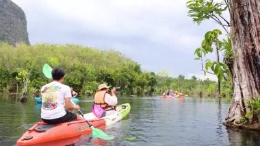 Kayakçılar yemyeşil çevredeki berrak suları keşfeder.