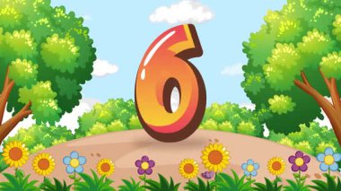 Canlandırılmış çocuklar, açık bir gökyüzünün altında canlı ve renkli bir bahçede büyük bir altı numarayla etkileşim halindedirler.