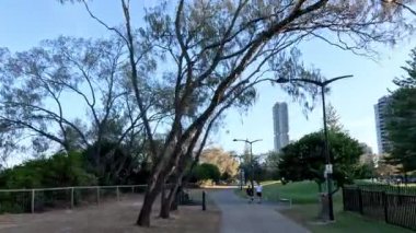 İnsanlar parkta sakin bir yürüyüşün keyfini çıkarıyorlar.