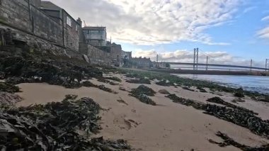 Arka planda Forth Bridge olan yosun kaplı plaj