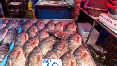 Tedarikçiler ve müşteriler kalabalık bir balık pazarında iş yapıyorlar..