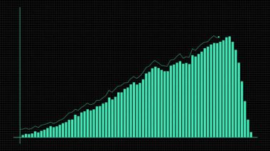 Siyah arkaplanda yeşil ve kırmızı renkler kullanarak büyümeden düşüşe geçişi canlandıran çubuk grafikleri dinamik bir görsel etki yaratır