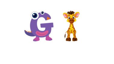 Mor G harfli oyuncu animasyon ve beyaz arkaplanda çizgi film zürafası.