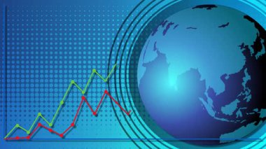 Bir dünya haritası arkaplanı üzerinde dalgalanan çizgi grafiklerinin dinamik animasyonu, canlı renklerle küresel ekonomik eğilimleri vurguluyor