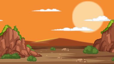 Dinamik ışıklandırma ve pürüzsüz geçişlerle kayalık bir arazide gün batımının canlı bir canlandırması