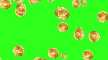Ethereum sikkelerinin canlandırılması canlı yeşil bir arkaplan, dinamik hareket ve dijital para birimi temalarını gözler önüne seriyor