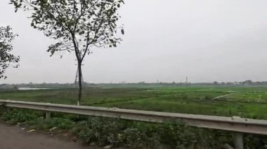 Alanlar ve elektrik hatlarının yol kenarı görünümü