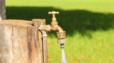 Güneşli bir günde pirinç bir musluğu kapatan bir el, çimenli bir zemine akan suyla