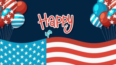 Kırmızı, beyaz ve mavi renkli balonlar, yıldızlar ve çizgili vatansever animasyonlar. Enerjik geçişler ve kutlama havası