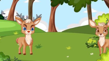 İki geyik yemyeşil bir ormanı keşfediyor.