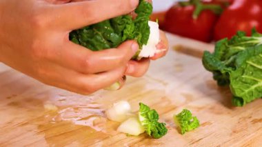 Eller taze sebzeleri pişirmek için hazırlıyor.