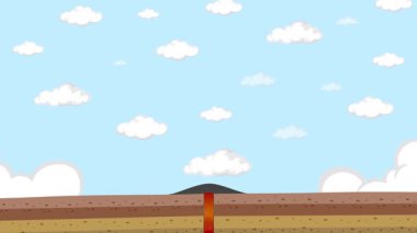 Net bir gökyüzünün altında akan lav ve dumanla bir kalkan volkanının kademeli oluşumunu ve patlamasını gözler önüne serer.